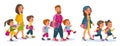 Cartoon parents with children walk. Adults accompany students. School year beginning. Kids with backpacks go to study