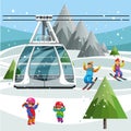 Cartoon parents and little kids skiing together
