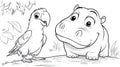 Cartoon Parrot and Hippo Outline, Kids Coloring Page, Cute Animals Royalty Free Stock Photo