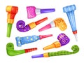 Cartoon party blowers. Tube horn, blowing noisemaker for birthday celebration and whistle blowout toy with long pipe