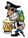 Cartoon Partying Pirate Drinking Beer with Parrot and Peg Leg Isolated Vector Illustration Royalty Free Stock Photo