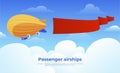 Cartoon passenger airship with horizontal banner at blue sky vector illustration. Vintage dirigible