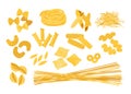 Cartoon pasta. Doodle macaroni. Italian different types of wheat food. Delicious farfalle or spaghetti. Isolated