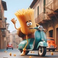 Cartoon pasta has a fusilli torso and spaghetti arms.