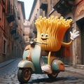 Cartoon pasta has a fusilli torso and spaghetti arms.