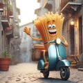 Cartoon pasta has a fusilli torso and spaghetti arms.