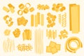 Cartoon pasta types. Hand drawn doodle macaroni and spaghetti ingredients for cooking, Italian cuisine gourmet food