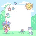 Cartoon pastel children summer frame with girl injun costume and cute cat vector illustration Royalty Free Stock Photo