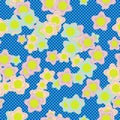 Cartoon pastel green yellow red kawaii stars seamless pattern