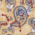 Cartoon pattern with birds, beads, and Paisley