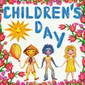 Pattern of International Children`s Day. Freehand drawing with crayons for children. Seamless background with children Royalty Free Stock Photo