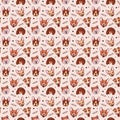 Cartoon pattern with dog heads and woof text. Love for pets.