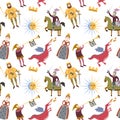 Cartoon pattern with medieval characters on white background.