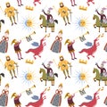 Cartoon pattern with medieval characters on white background.