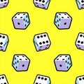 Cartoon pattern of playing dice on a yellow background for printing and design. Vector illustration.