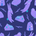 Cartoon pattern in violet blue colors. Rabbit, two types of houses, twigs and a bird. Vector illustration. Royalty Free Stock Photo