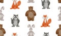 Cartoon pattern with watercolor woodland animals. Cute bunny, teddy, fox and raccoon for kids or baby