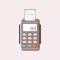 Cartoon payment machine with paper receipt vector flat illustration. Modern POS terminal with colorful button ready to