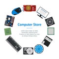 Cartoon PC Components for Computer Store Banner Card Circle . Vector