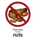 Cartoon peanut in the prohibition sign. Free zone from nuts. Ban on allergens. Allergy Alert. Badges with forbiddance