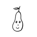 Cartoon pear with emotional face, eyes and smile. Coloring book element