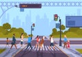 Cartoon pedestrians. City crosswalk with diverse people and no traffic, urban cityscape with people hurry at work Royalty Free Stock Photo