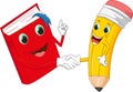 Cartoon pencil and books shake hands Royalty Free Stock Photo