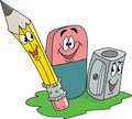 A cartoon pencil, eraser and a sharpener smiling vector illustration