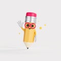 Cartoon pencil waving hand on light background, knowledge concept