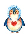 Cartoon penguin in a blue hat and a red heart on his chest, closed his eyes and dreams of love. White background. Isolated object. Royalty Free Stock Photo