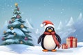 cartoon penguin in a Christmas hat with gifts on the background of a decorated Christmas tree