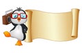 Cartoon penguin dancing with a tape recorder and paper scroll