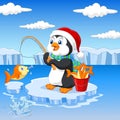 Cartoon penguin fishing on the ice