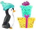 Cartoon penguin in a hat with gifts. watercolor illustration for prints and posters. New Year card