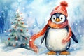 cartoon penguin in a hat and scarf next to a decorated Christmas tree