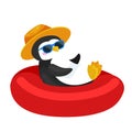 Cartoon penguin in hat swimming in rubber ring