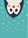 Cartoon penguin head down. Hello winter, rectangular postcard. Cute funny kawaii baby character. Snow background