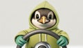 Cartoon penguin in a hoodie behind steering wheel. Stormy and snowy day