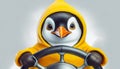 Cartoon penguin in a hoodie behind steering wheel. Stormy and snowy day