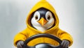 Cartoon penguin in a hoodie behind steering wheel. Stormy and snowy day