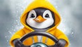 Cartoon penguin in a hoodie behind steering wheel. Stormy and snowy day