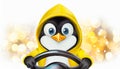 Cartoon penguin in a hoodie behind steering wheel