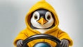 Cartoon penguin in a hoodie behind steering wheel