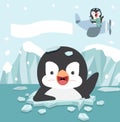 Cartoon Penguin cartoon on ice floe with Funny pilot