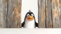 Cartoon Penguin Peeking from Wooden Panels.