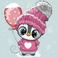 Cartoon Penguin in a pink hat and sweater with a balloon