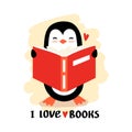 Cartoon Penguin Reading Book Vector