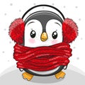 Cartoon Penguin in red fur headphones and scarf