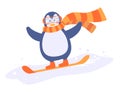 The cartoon penguin rides a snowboard at snow Royalty Free Stock Photo