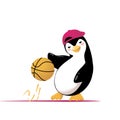 Cartoon Penguin Runs with a Ball while Basketball